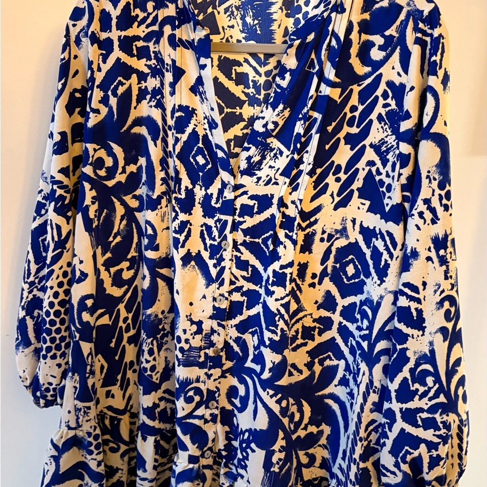 Zara Abstract Blue and Cream Long Sleeve Dress